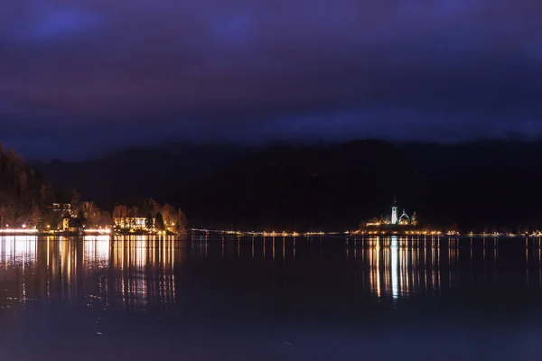 Lago Bled Por Noche Diciembre Eslovenia — Foto de Stock