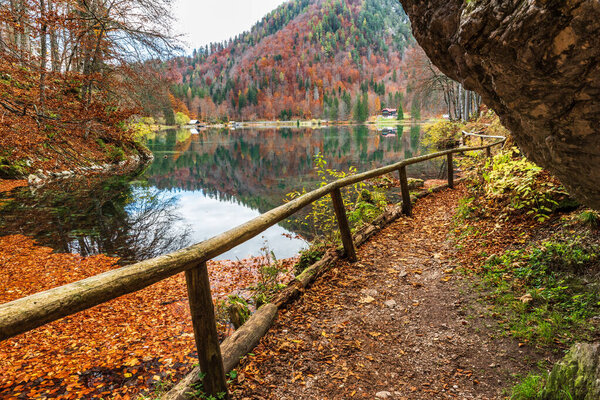  beautiful  lower lake of Fusine in Friuli, Italy