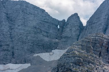 Canin Dağı yaylası. Karst bahçesi. Kayalar, çiçekler, doğa manzarası 