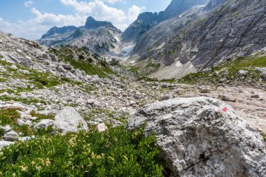 Canin Dağı yaylası. Karst bahçesi. Eski binanın görüntüsü.