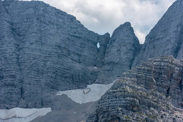Canin Dağı yaylası. Karst bahçesi. Kayalar, çiçekler, doğa manzarası 