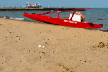 Sahildeki kırmızı tekne doğal arka planda.