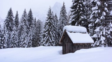 İtalya 'nın dağlarındaki Sappada köyünde kış manzarası