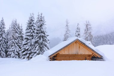 İtalya 'nın dağlarındaki Sappada köyünde kış manzarası
