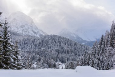 İtalya 'nın dağlarındaki Sappada köyünde kış manzarası