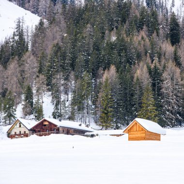 Braies Gölü çevresindeki güzel kış manzarasının manzarası, Güney Tyrol, İtalya 'daki Prag Dolomitleri