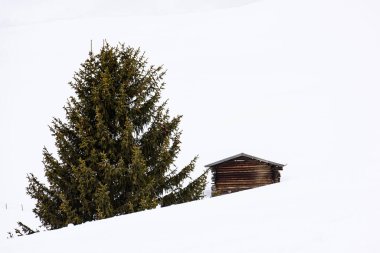 Güzel kar manzaralı Alpe di Siusi, Seiser Alm, Dolomitler, İtalya