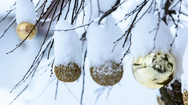 Närbild Bild Jul Dekorerade Snötäckta Träd Utomhus — Stockfoto