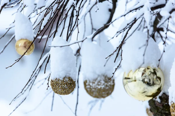 Close Tiro Natal Decorado Árvores Cobertas Neve Livre — Fotografia de Stock