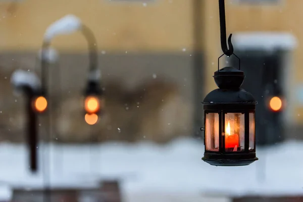 Світлова Запалена Свічка Ретро Ліхтарі Зимовий Час Вінтажний Стиль — стокове фото