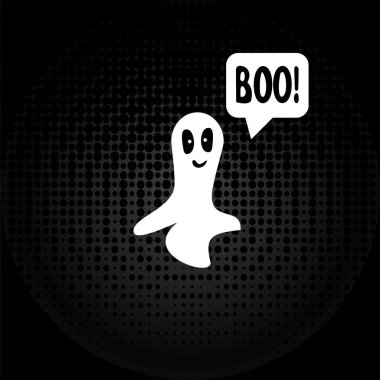  Siyah arka planda konuşma balonu olan sevimli bir hayalet. Yuh! Cadılar Bayramı hayaleti Vektör çizimi. Web