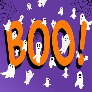 Yuh! Cadılar Bayramı korkunç hayaletleri. Mor arka planda hayaletler ve örümcek. Cadılar Bayramı örümceği ağı. Vektör çizimi. Web