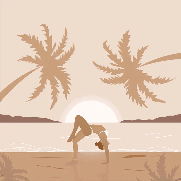 Mujer Haciendo Yoga Playa Ilustración Para Banner Clase Yoga Cartel — Archivo Imágenes Vectoriales