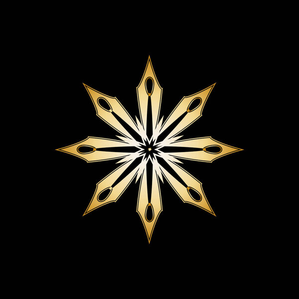 Gold Snowflake. Flat style.  Symbol of winter, Christmas, New Year holiday. Golden silhouette  on black background. Vector illustration.