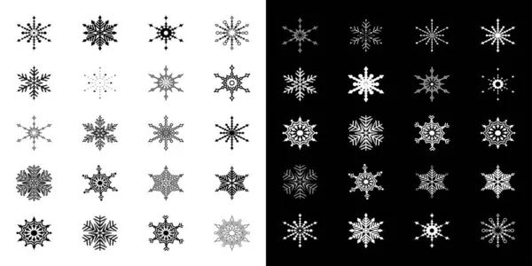 Siyah ve beyaz kar taneleri seti. Kışın sembolü, Noel, yeni yıl tatili. Siyah arka planda beyaz siluet. Beyaz arka planda siyah siluet. Vektör illüstrasyonu.