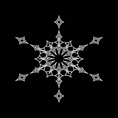 Beyaz Kar Tanesi. Kışın sembolü, Noel, yeni yıl tatili. Siyah arka planda beyaz siluet. Vektör illüstrasyonu.