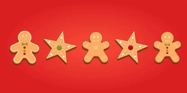 姜饼套装 生姜饼干在红色背景上被分离出来 矢量图解 糖衣姜饼盖 — 图库矢量图片