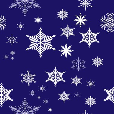 Noel deseni. Kışın sembolü, Noel, yeni yıl tatili. Mavi arka planda kar taneleri olan kusursuz bir desen. Vektör illüstrasyonu. Hediyeler için paket, kumaş tasarımı.