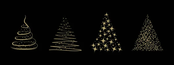 クリスマスツリーセット 黒の背景に金のシルエット ベクターイラスト — ストックベクタ