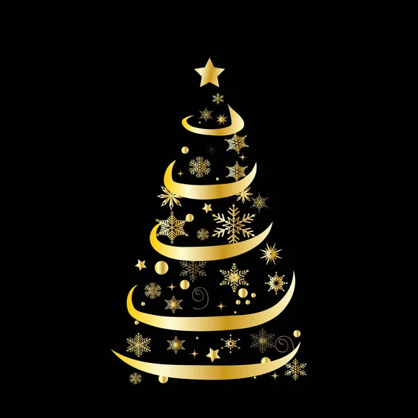 Mutlu Noeller ve mutlu yıllar. Siyah arka planda altın Noel ağacı. Vektör İllüstrasyonu. Broşürler, posterler, kartvizitler veya internet için kullanılabilir.