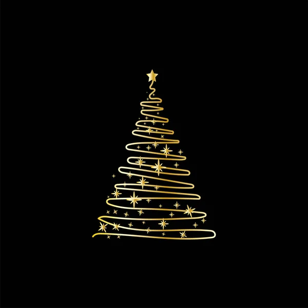 Altın Noel ağacı. Siyah arka planda altın bir siluet. Vektör İllüstrasyonu.