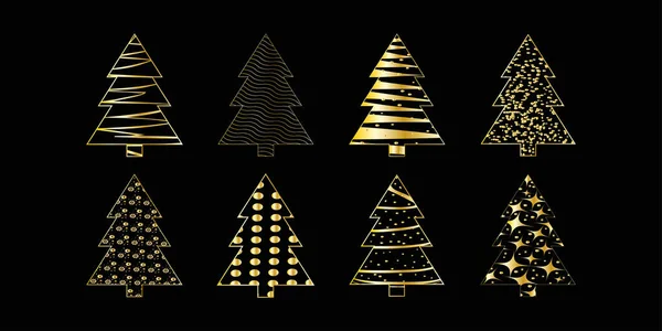 Conjunto Árbol Navidad Oro Silueta Dorada Sobre Fondo Negro Ilustración — Archivo Imágenes Vectoriales