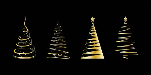 金のクリスマスツリーセット 黒の背景に金のシルエット ベクターイラスト — ストックベクタ