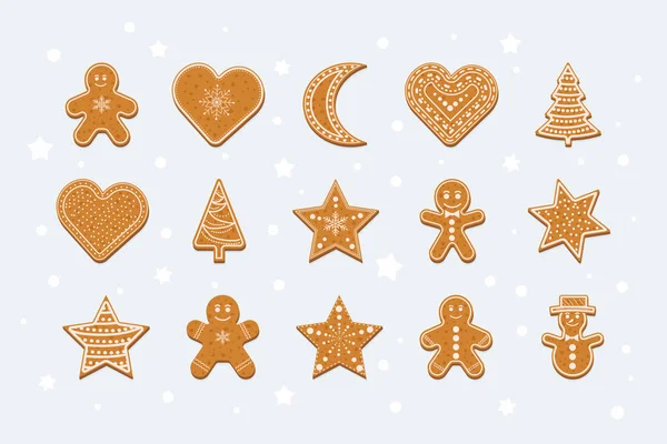 Wesołych Świąt Szczęśliwego Nowego Roku Gingerbread Set Imbirowe Ciasteczko Białym — Wektor stockowy