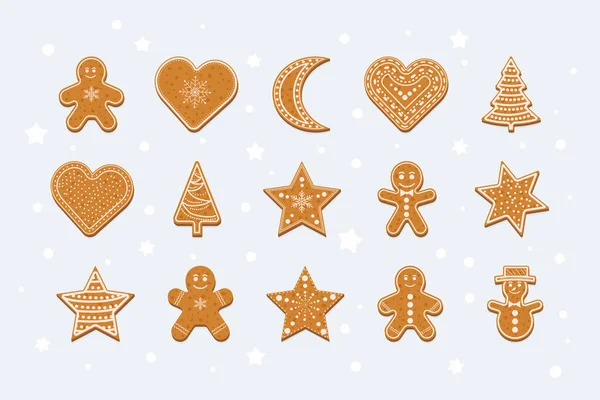Merry Christmas Happy New Year Gingerbread Set Ginger Cookie Isolated — Stock Vector