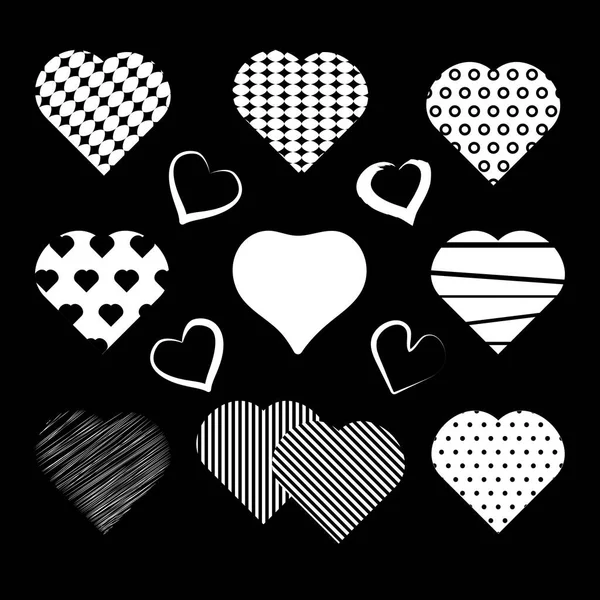 Set Hearts Decorative Design Elements White Silhouette Black Background Vector — Stock Vector