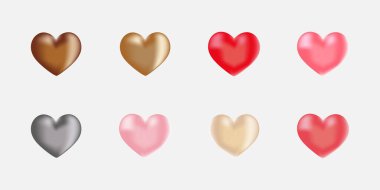 Beyaz arkaplanda izole edilmiş gerçekçi 3D kalpler Sevgililer Günü romantik sembolü dekoratif tasarım elementleri Vektör illüstrasyonu EPS10  