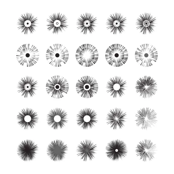 Set Sun Burst Shapes Black Elements Isolated White Background Firework — Stock Vector