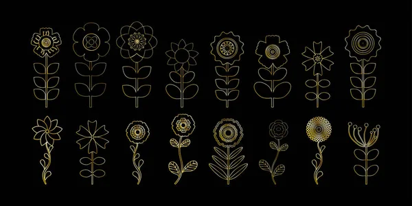 Uppsättning Guld Kontur Blommor Svart Bakgrund Blomma Ikon Vektor Illustration — Stock vektor