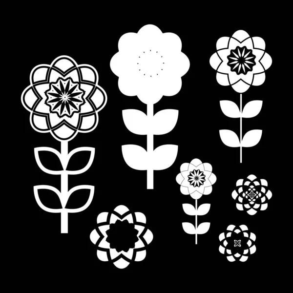 White Flowers Leafs Black Background Vector Illustration — Stock vektor