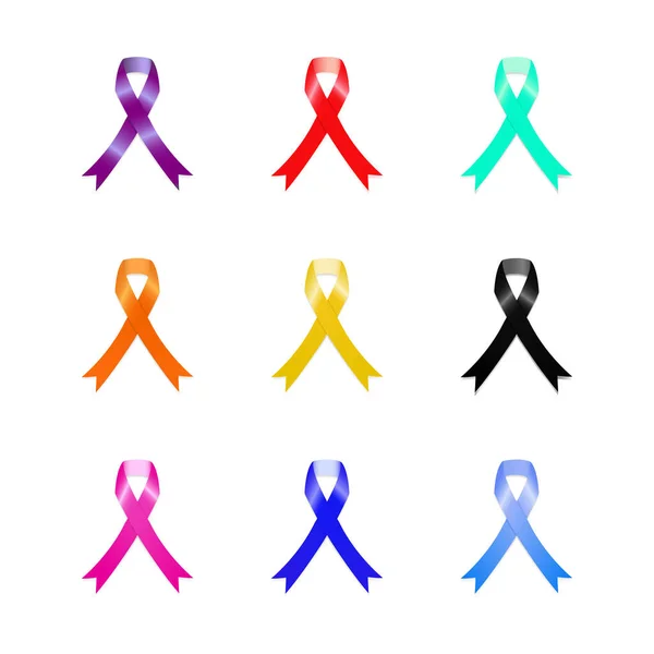 Set Colorful Awareness Ribbons Isolated White Background Vector Illustration — Stock Vector