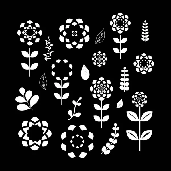 Set White Flowers Leafs Black Background Vector Illustration — Stock vektor