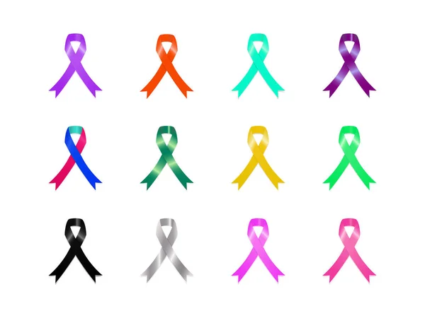 Set Colorful Awareness Ribbons Isolated White Background Vector Illustration — Stock vektor
