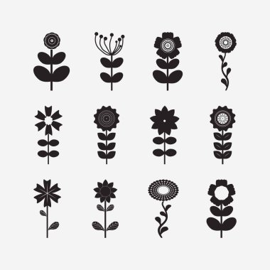 Set of Black Flowers and Leafs on white background Vector Illustration