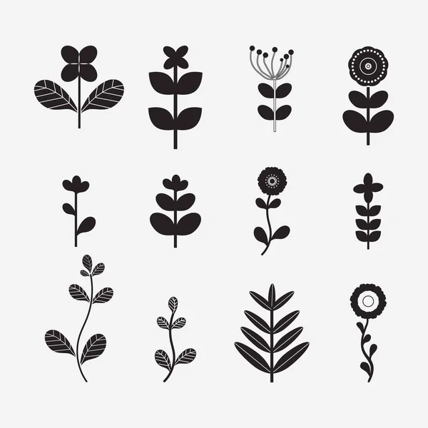 Set Black Flowers Leafs White Background Vector Illustration — Vetor de Stock