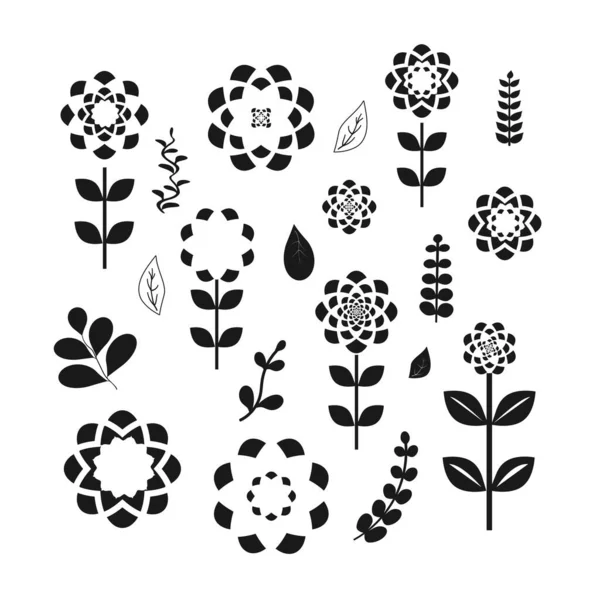 Set Black Flowers Leafs White Background Vector Illustration — Stockvektor