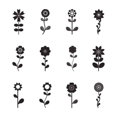 Set of Black Flowers and Leafs on white background Vector Illustration