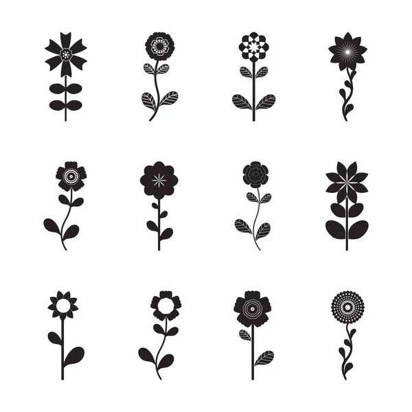 Set Black Flowers Leafs White Background Vector Illustration —  Vetores de Stock