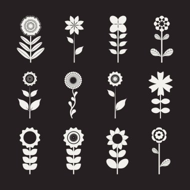 Set of White Flowers and Leafs on black background Vector Illustration