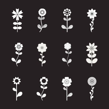 Set of White Flowers and Leafs on black background Vector Illustration