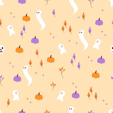 Işık arkaplan vektör örnekleme dokusu üzerinde hayaletler ve balkabaklarıyla kusursuz bir Cadılar Bayramı deseni