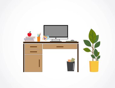 Office workplace with table, chair, flower