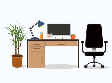 Office workplace with table, chair, flower