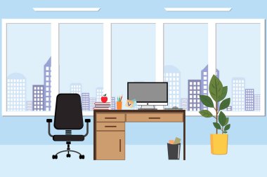 Office workplace with table, chair, flower