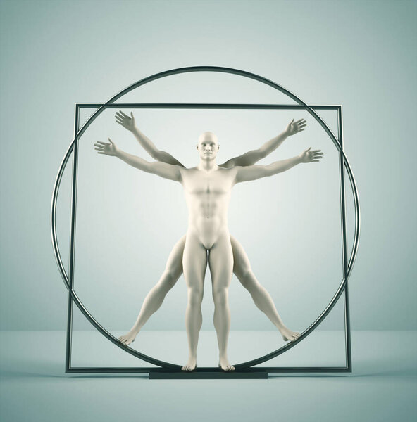 Vitruvian man on blue background.  This is a 3d render illustration