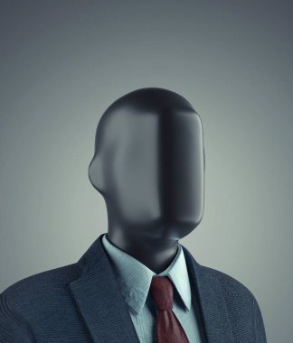 Kafasında kübik şekli olan yüzü olmayan bir iş adamı. İdeoloji ve vizyon kavramı. Bu 3 boyutlu bir çizim.